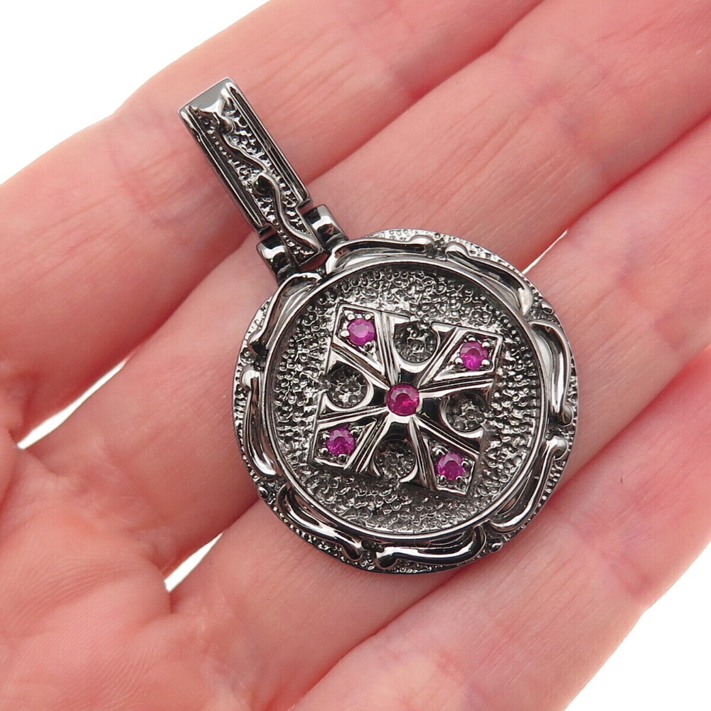 Jolusa 925 Sterling Silver Black Rhodium Real Ruby Cross Pendant
